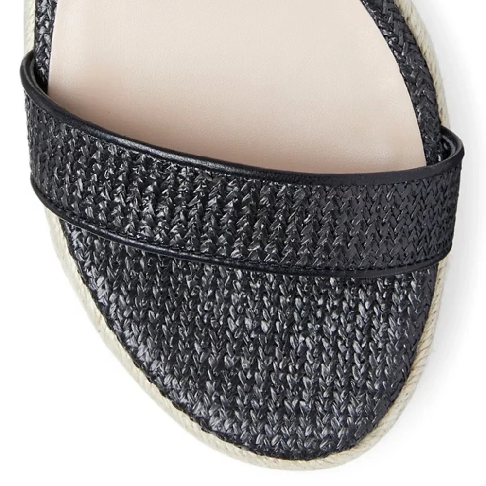 Stuart Weitzman Mykonos Two-Strap Wedge Sandals Herringbone Raffia & Black 38.5 - Picture 4 of 12